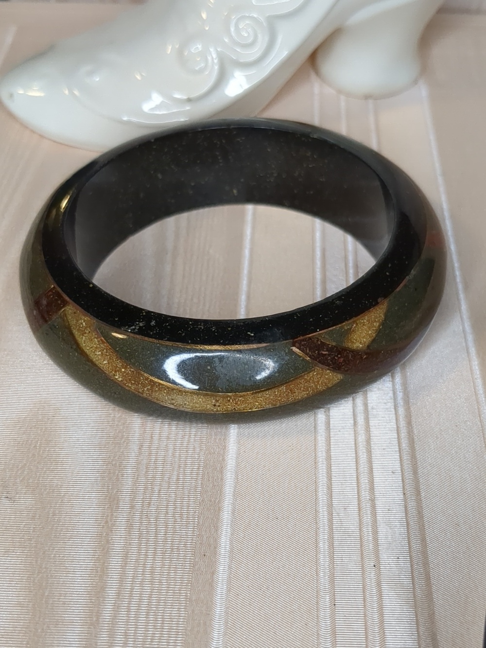 Vintage Wood Bangle Bracelet Green Burgundy & Black Stackable Wearable Art